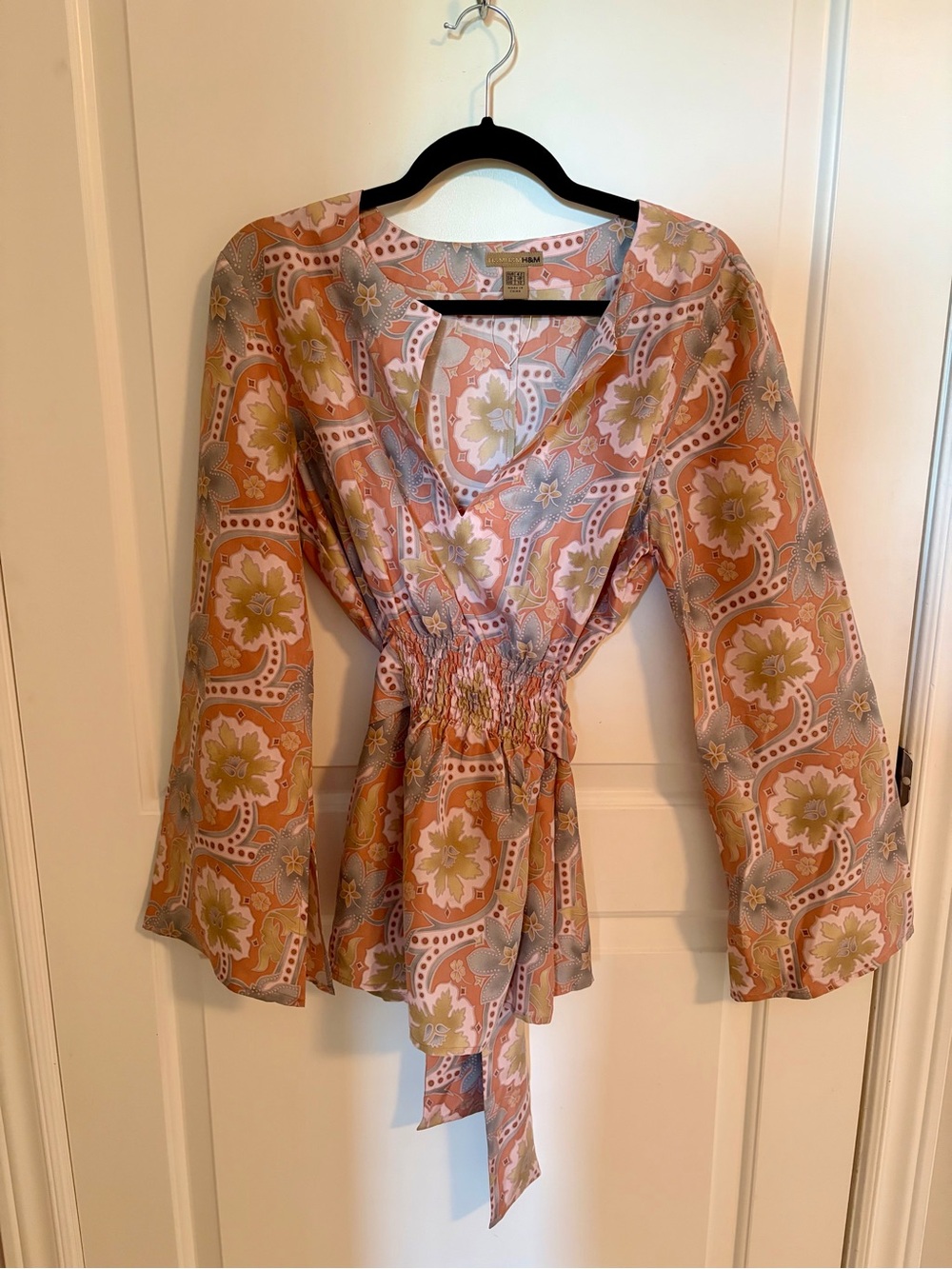 H&M Silk Peach and Blue Floral Blouse with Smocked Waist